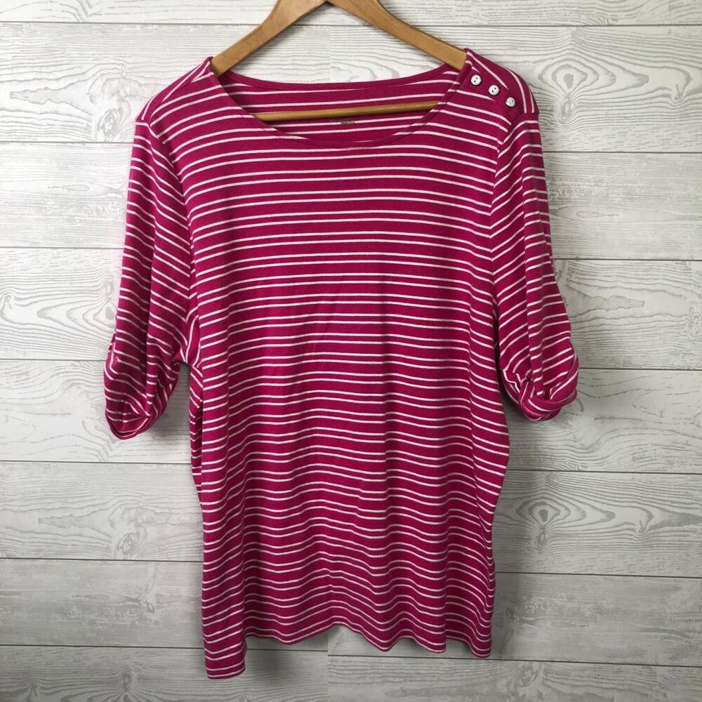 CJ Banks Women's 2X Striped Scoop Neck Tee Roll Tab Sleeves 100% Cotton Casual